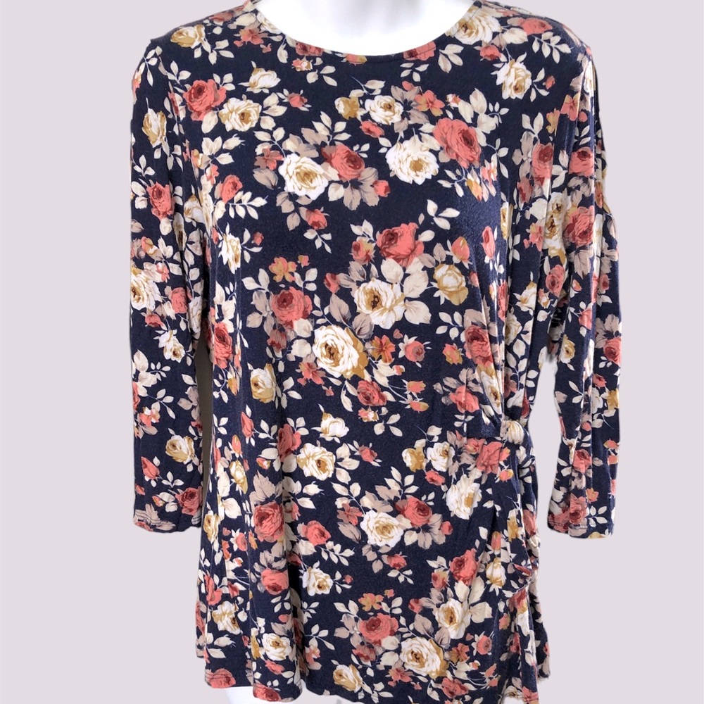Navy Blue Floral Stretch Top w/Side Tie